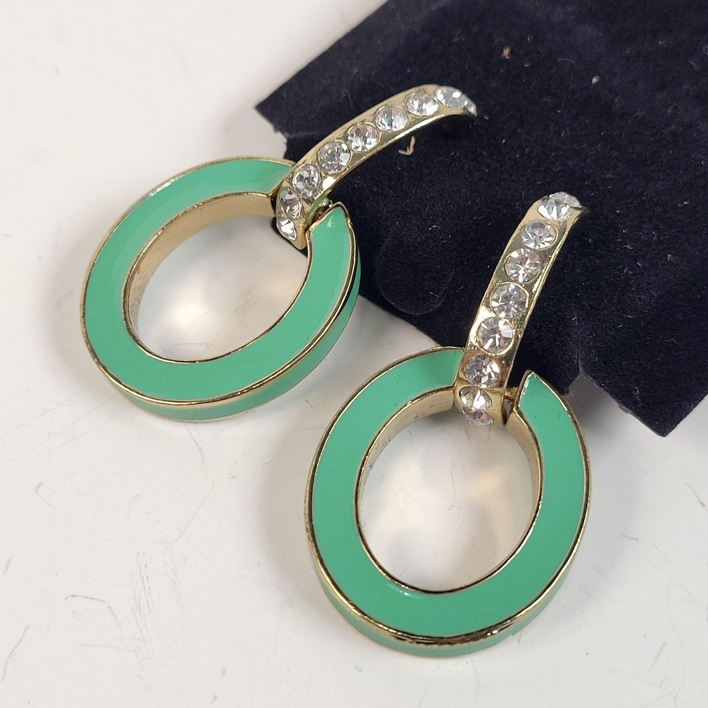 Green‎ Enamel Hoop Dangle Earrings Rhinestone Drop Gold Tone Statement Jewelry